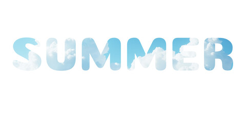 Word summer filled with light blue sky and white cloud texture. Creative typography concept for seasonal design and decoration on white or transparent background