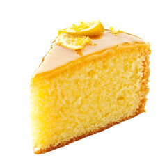 A single slice of lemon cake with lemon zest on top and a glossy glaze on a white background