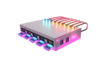 Network switch with fiber optic cables glowing lights data transfer technology,
