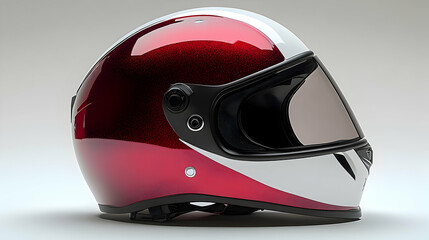 Fototapeta premium Sparkling Red and White Motorcycle Helmet with Dark Visor on Whi