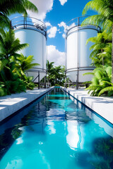 A swimming pool surrounded by palm trees and water tanks