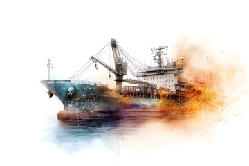 Fototapeta premium Teal Cargo Ship Watercolor Painting with Orange and Blue Splashes