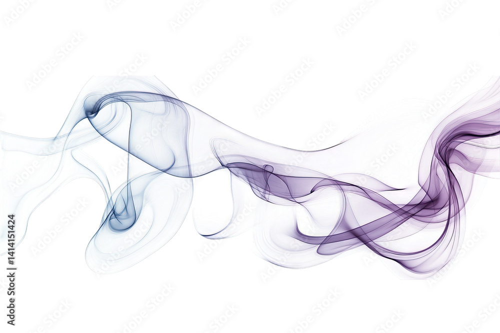 Poster flowing translucent waves of smoke in shades of blue and purple against a white background creating 