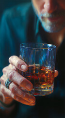 Close-up of a hand holding a glass of amber liquid with ice, featuring textured skin and a silver ring, set against a dark blue background, evoking reflection, contemplation, or relaxation.