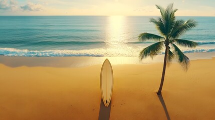Golden Beach with Surfboard Palm Tree and Sparkling Ocean in Summer Day