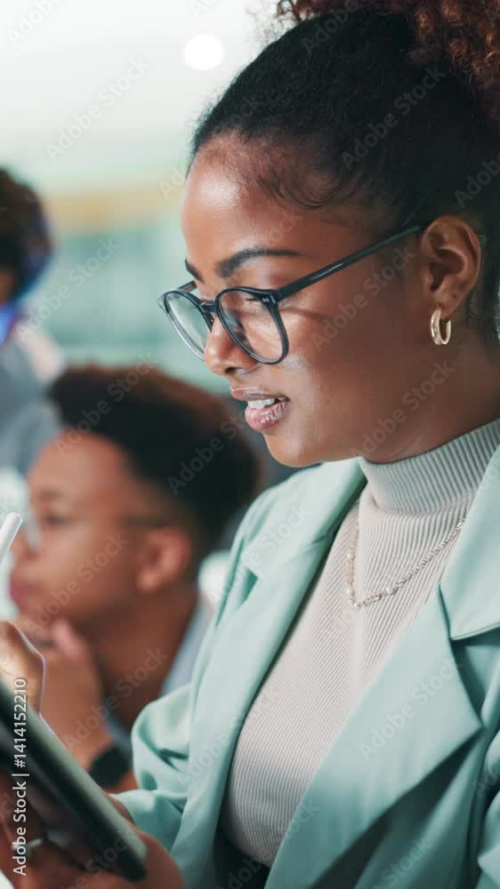 Aufkleber Programming, employee and woman with glasses, tablet and coder with stylus for debugging or website. Business, programmer and person with tech for coding, online or research for project with software