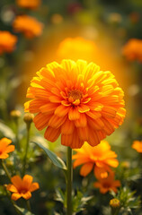 A glowing marigold shines in a radiant fantasy garden of emotional warmth. 