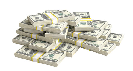 Stack of new one hundred us dollar banknotes on a transparent background, creating a small mountain of money