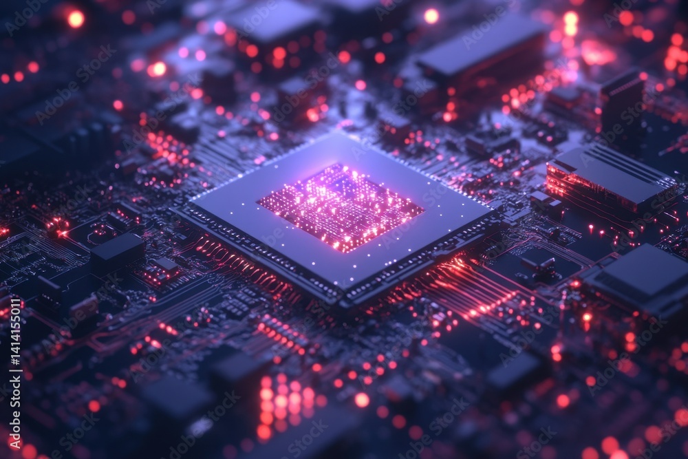 Poster a glowing microchip sits at the center of a detailed circuit board, showcasing vibrant digital eleme