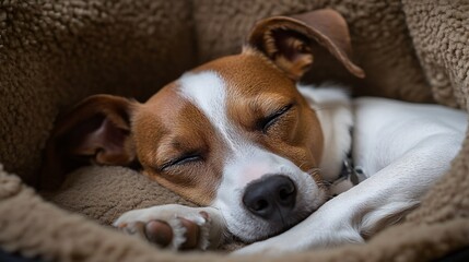Obraz premium Peaceful slumber: A Jack Russell Terrier dreams in its cozy bed.