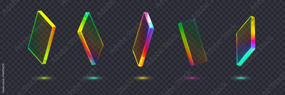 Poster set of 3d transparent glossy abstract cubes or shapes with dispersion effect. rainbow colors reflect