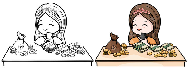 Vector illustration of women and money for International Women's Day coloring.