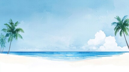 Obraz premium Hand-painted watercolor tropical beach scene with palm trees and soft blue ocean waves, tranquil paradise illustration