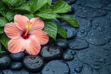 Pink flower, dark stones, lush leaves