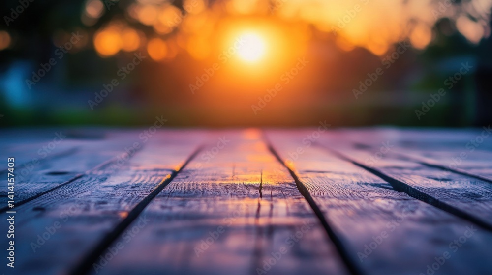 Poster this captivating image features a rustic wooden surface illuminated by a warm sunset glow, creating 