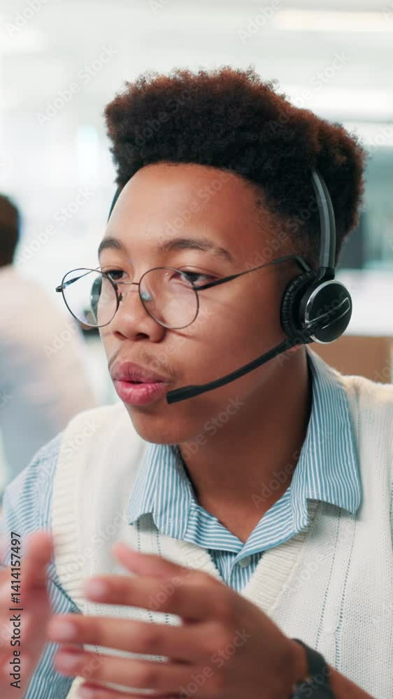 Poster office, businessman and talking with headset for call center, consulting and agent for customer serv