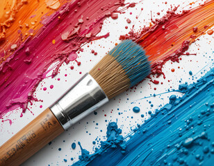Obraz premium A close-up of a paintbrush with vibrant splashes of red, pink, blue, and white paint, capturing the energy of creativity.