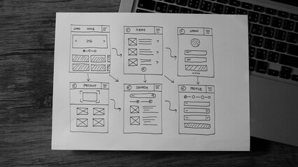 Draft sketch drawing template layout framework wireframe. User experience concept.