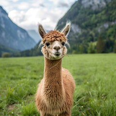 Fototapeta premium Gentle Alpacas Grazing in the Field, Surrounded by Peaceful Countryside and the Tranquility of Nature