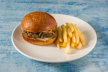 Slow Cooked Beef Brisket Burger with French Fries on a white porcelain plate