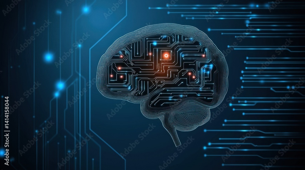 Poster high-tech neural network visualization of the human brain with electric pulses and data streams in a