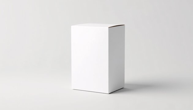 Closed white cardboard box mockup, soft drop shadow