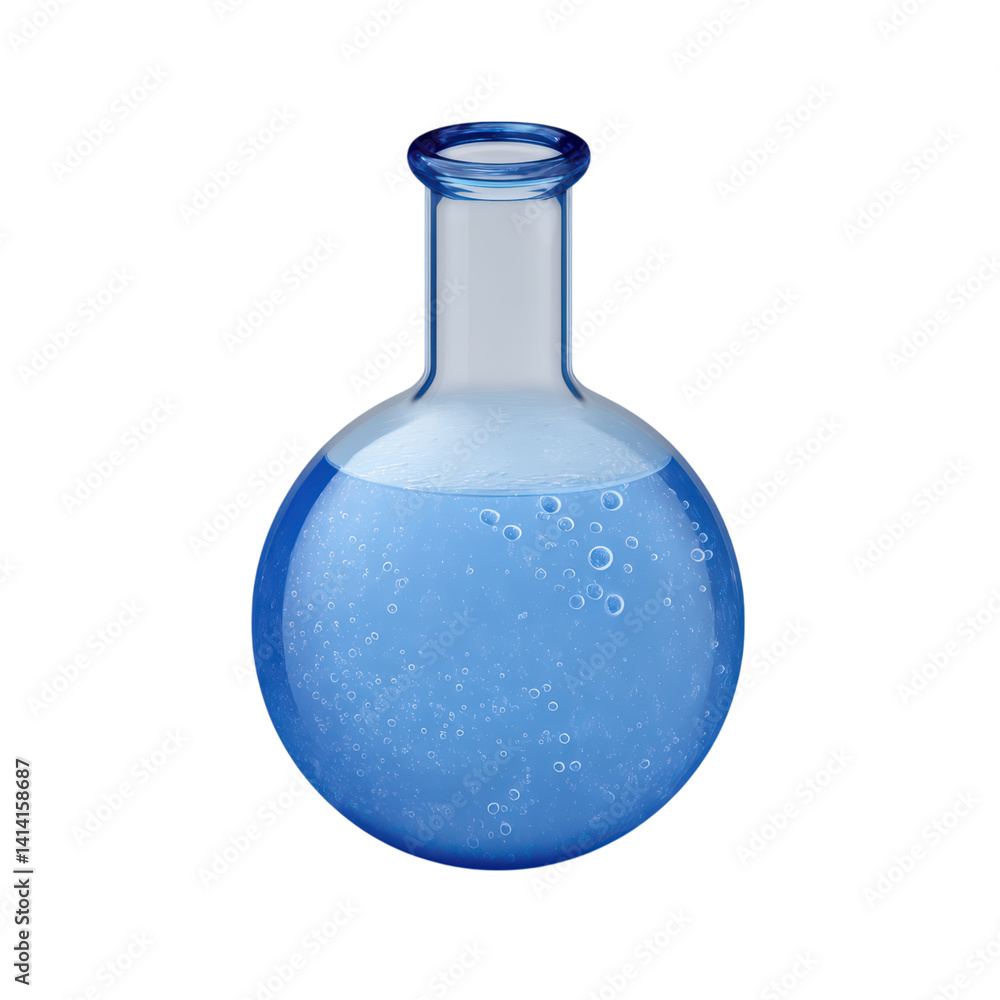 Poster blue laboratory flask with bubbles and water for science experiment