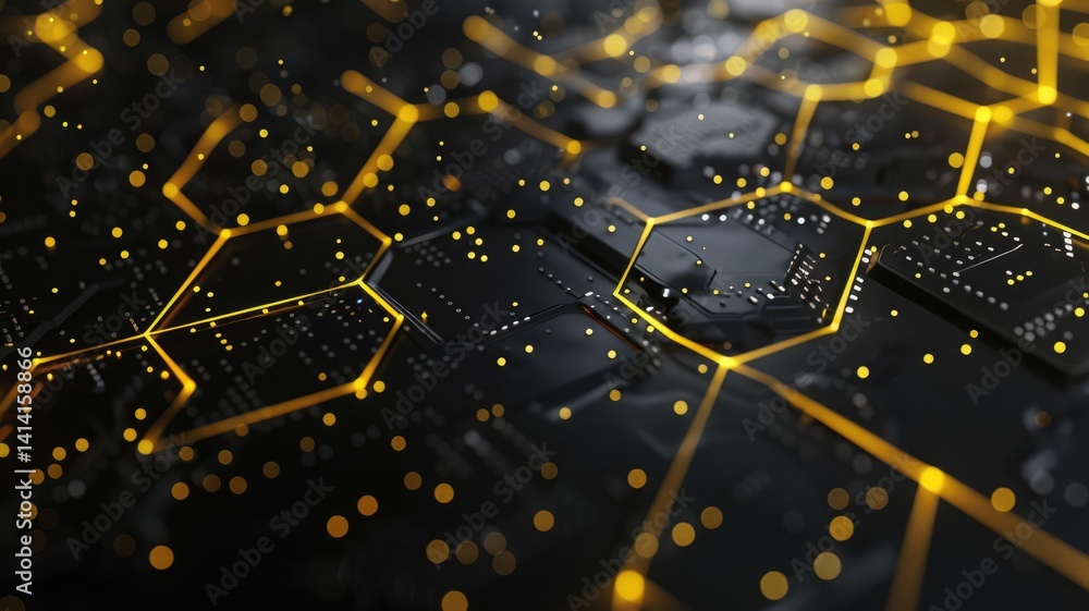 Poster explore a futuristic blockchain-inspired background featuring intricate yellow highlights against a 