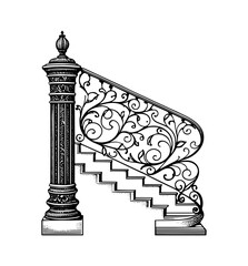 Obraz premium Ornate staircase with railing black and white illustration