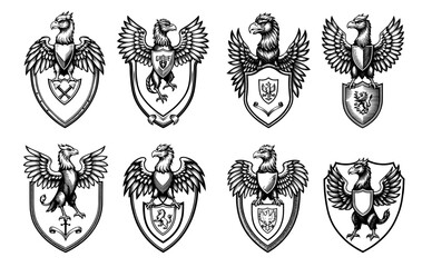 Heraldic eagles and griffins illustrations in black and white vintage illustration