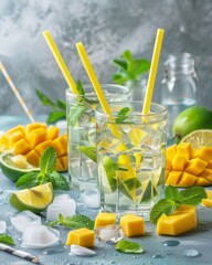 Refreshing summer mango fizz cocktail and mint iced tea in stylish glasses on bright background