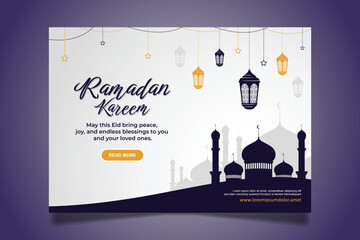 Naklejka premium Ramadan Kareem Greeting card design with mosque and lantern vector illustration for islam fasting festival event