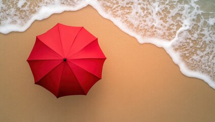 Red umbrella on sandy beach, waves lapping shore