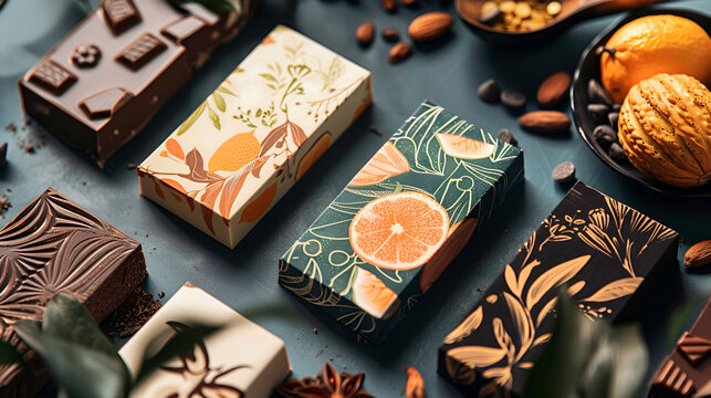 Assortment of artisanal chocolate bars with decorative packaging and fruit accents on a dark surface
