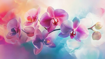 Obraz premium 42.A hand-painted abstract artwork of a pink orchid bouquet, showcasing translucent petals and gentle gradients, arranged in a bright and harmonious style.