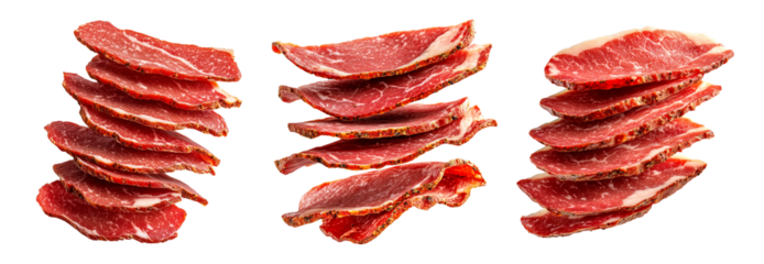 Set of thin slices of cured meat Capocollo isolated on white transparent background, showcasing marbled texture and vibrant red color, concept of gastronomy