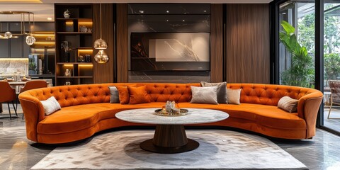 Elegant Living Room with Orange Curved Sofa, Round Marble Table, and Modern Decor for Interior Design Ideas