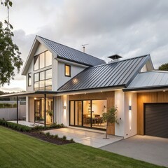 Modern Farmhouse Exterior Metal Roof, Large Windows, Evening Lighting, Architectural Design, New Zealand Home Modern Architecture, Home Design
