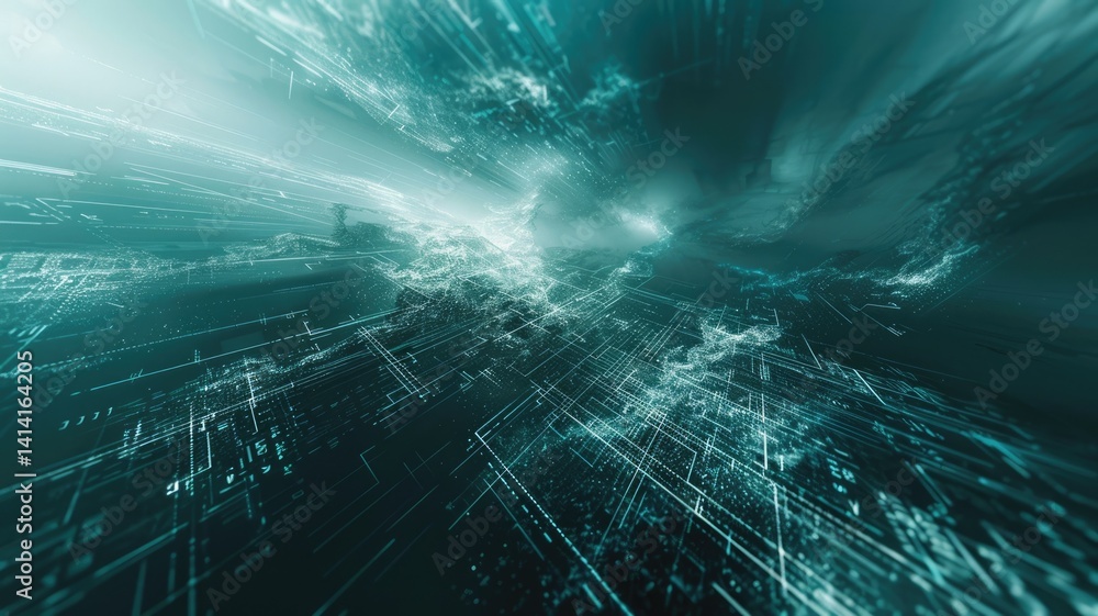 Poster immerse in a mesmerizing abstract landscape depicting cyberspace. this digital artwork showcases glo