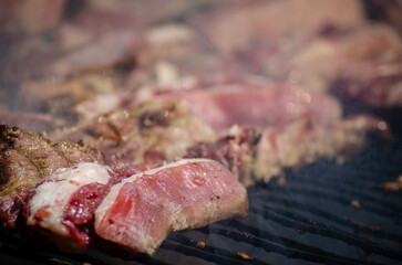pieces of beef being prepared on a grill, meat from Barroso. Montalegre. Portugal