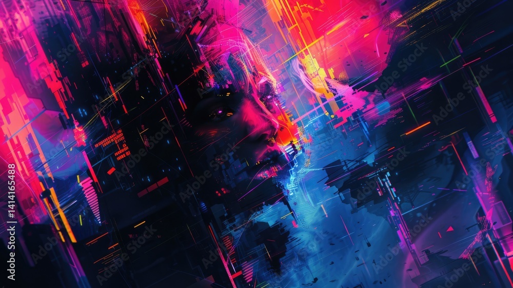 Poster abstract of complex glitch with broken pixel effect in cyber background. human shape and colorful pa