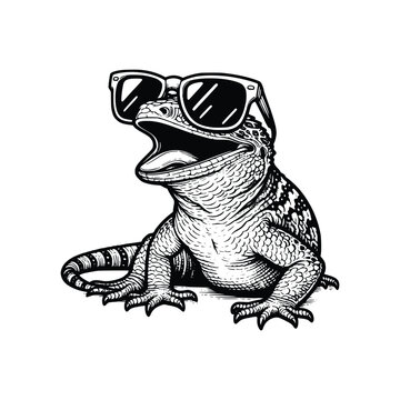 recommend clip art: stylized lizard wearing sunglasses. hand drawn lizard black and white vector