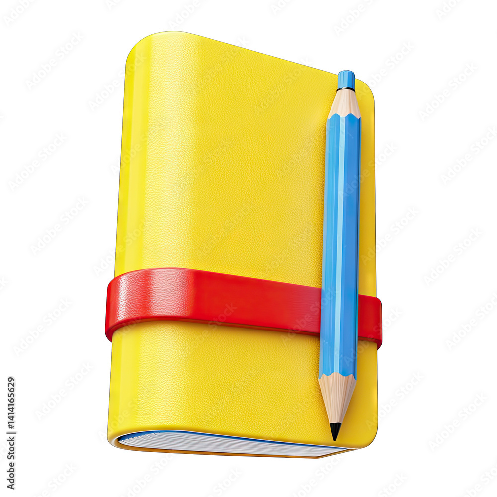 Poster bright yellow notebook secured with a red band accompanied by a blue pencil suggesting a creative or