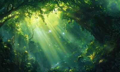 Obraz premium The lush, green canopy of the rainforest is illuminated by rays of sunlight filtering through