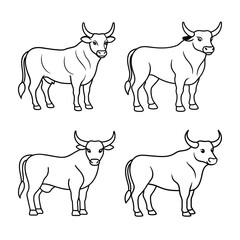 Black And White Vector Illustration Of Bull Outlines In Four Different Poses