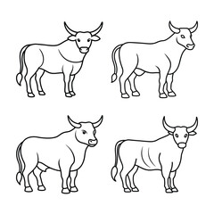 Four Bull Outline Illustrations In Different Poses For Coloring Page Style Art
