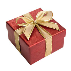 Obraz premium Red gift box with golden ribbon isolated on transparent png 
