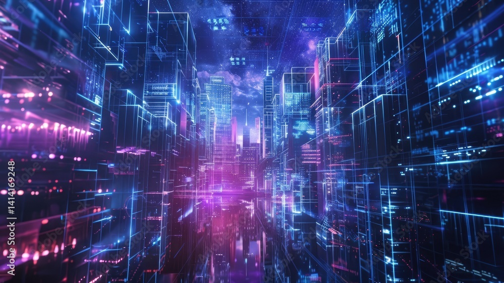 Poster immerse in a vibrant and futuristic digital cityscape filled with neon lights and abstract geometric