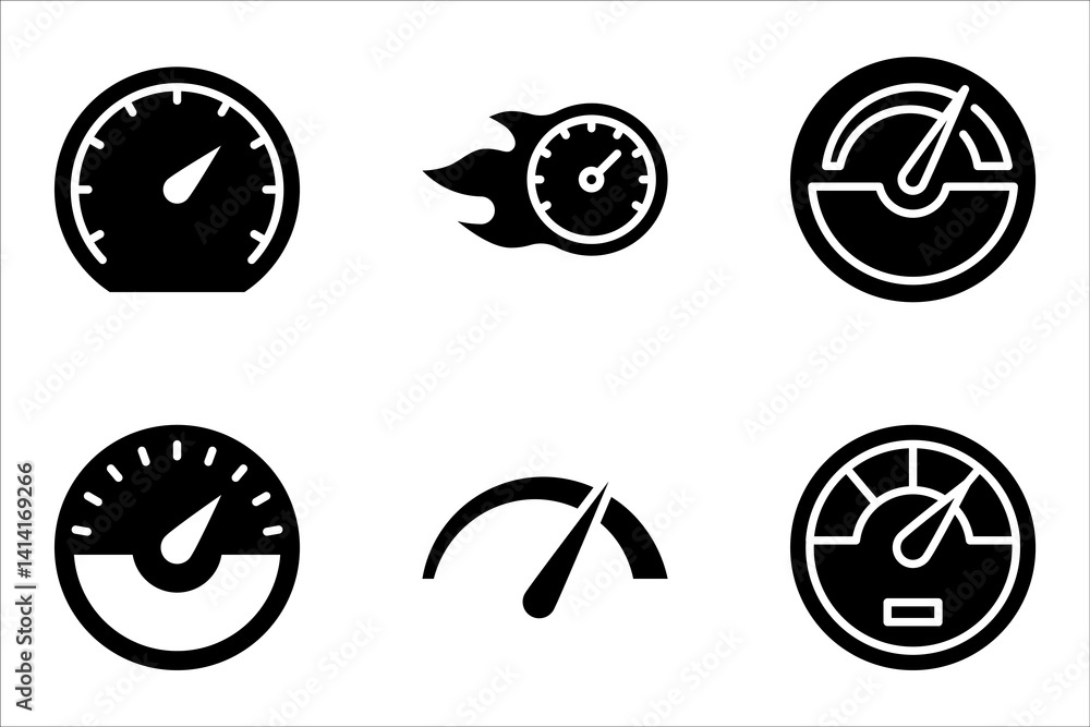 Poster speedometer icon set. miles per hour. speed control. acceleration indicator. vector illustration on 