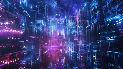 Immerse in a vibrant and futuristic digital cityscape filled with neon lights and abstract geometric patterns, creating an otherworldly atmosphere.